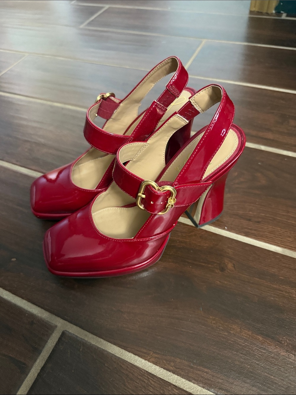 Sam Edelman Red Patent Mary Jane Slingback Heels with Gold Buckle